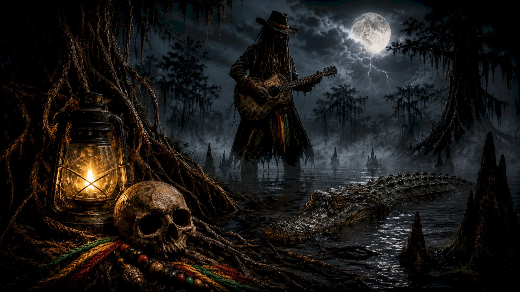 The Western Outlaw Rasta with crocodile, skull and lantern in a dark swamp