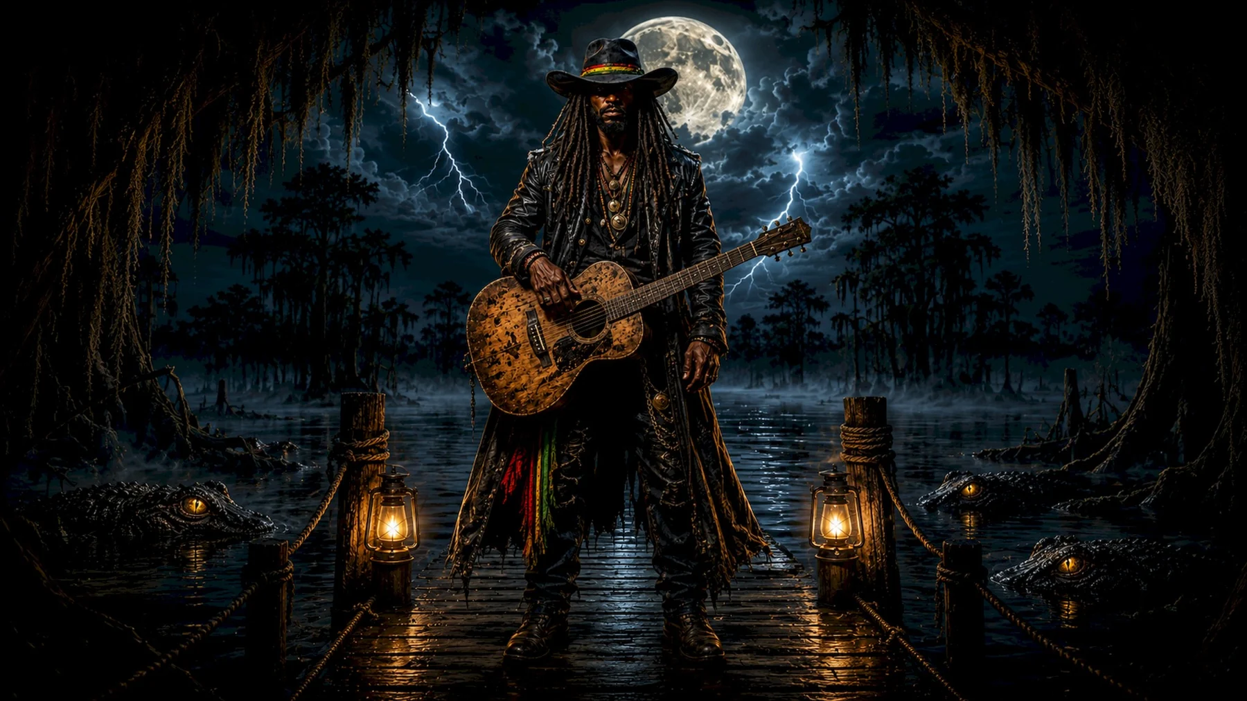 The Western Outlaw Rasta on a lantern-lit swamp dock